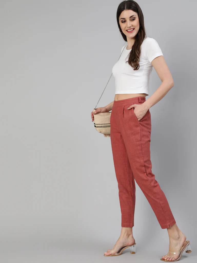 Maroon Solid Cotton Lycra Pants