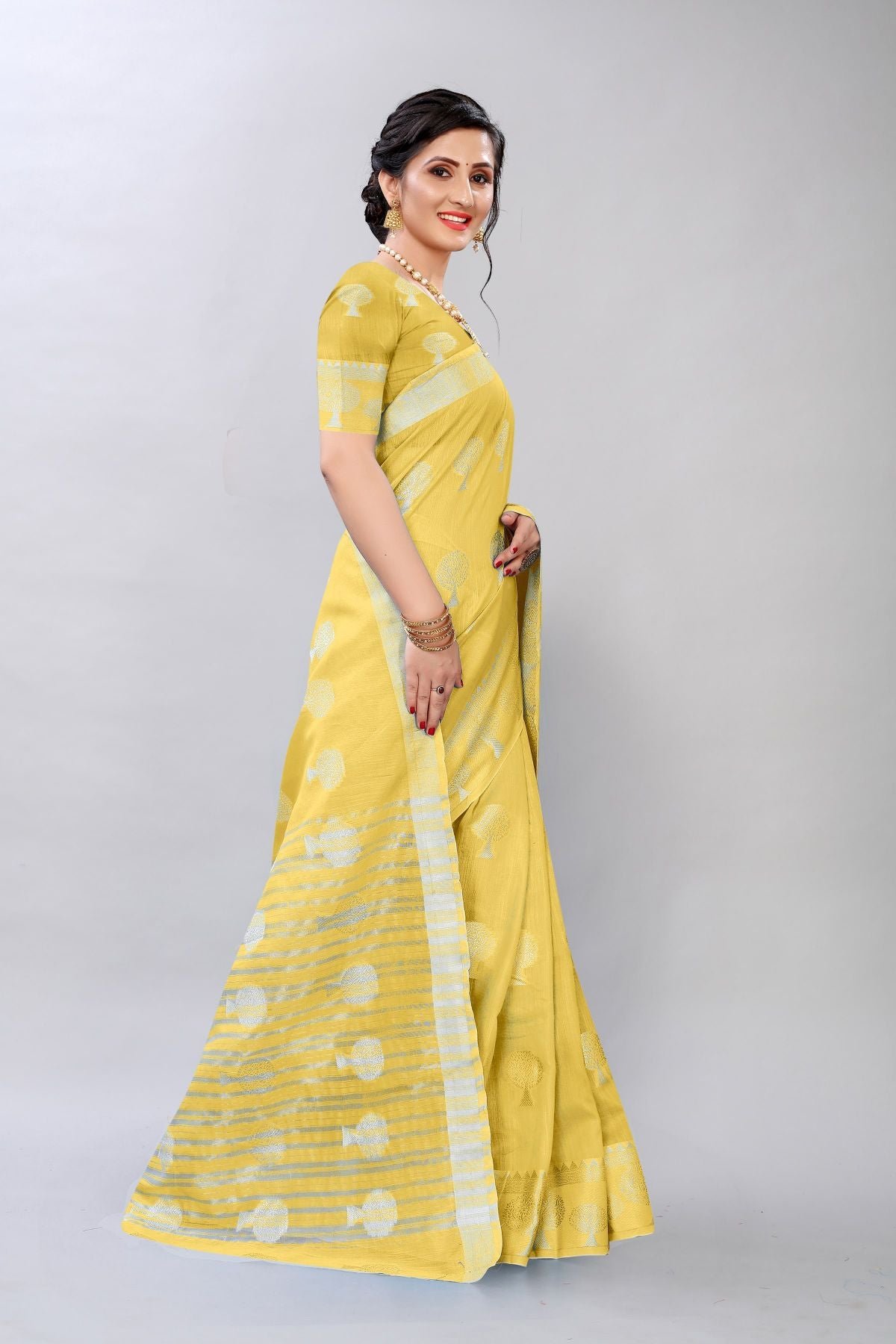 Tvis and Bliss. Yellow with Silver Border Pure Linen Cotton saree