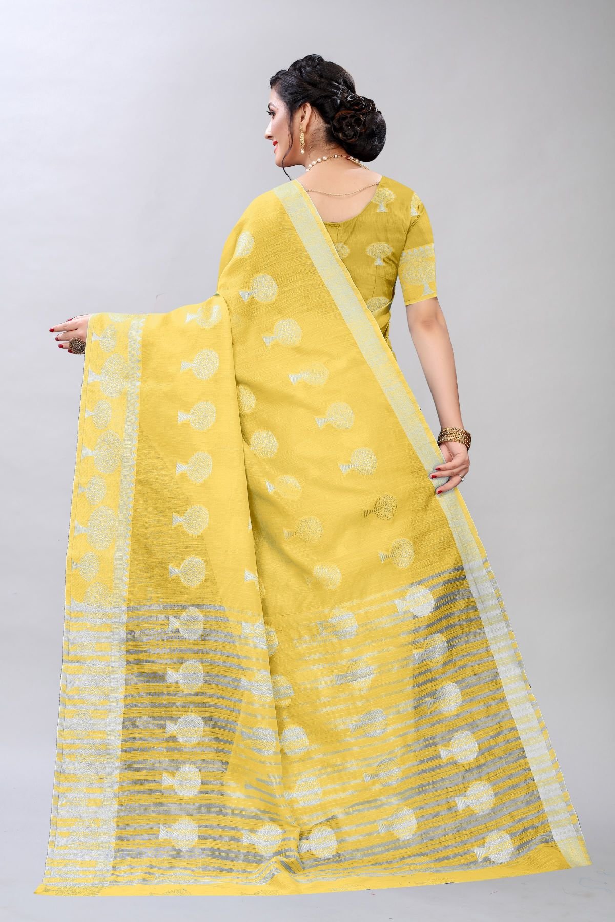 Handcrafted Lemon Yellow Tissue Linen saree with silver Zari border -  Kihums handloom - 3339699